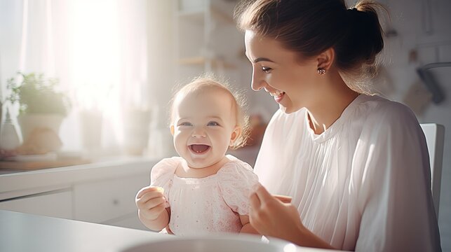 happy mother feeding blend mashed food her cute little baby girl in modern kitchen. child eating, hand with spoon for vegetable lunch. first solid food for young kid. AI.