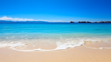 Fototapeta na wymiar A sandy beach with clear blue water under a bright summer sun.