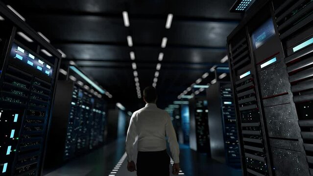 predictive maintenance. IT Administrator Activating Modern Data Center Server with Hologram.