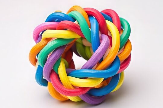 Diverse multicolored ropes connected together. Generation of ideas and thoughts