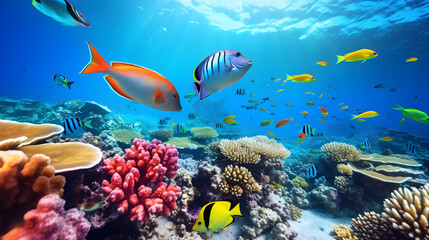Naklejka na ściany i meble A school of colorful fish swimming near a coral garden in the ocean.