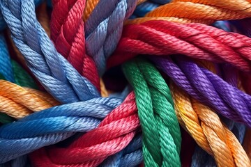 Diverse multicolored ropes connected together. Generation of ideas and thoughts - obrazy, fototapety, plakaty