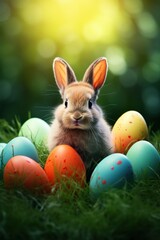 Fototapeta na wymiar Easter bunny in green grass with painted eggs, sunny day, egg hunt, Happy Easter banner background