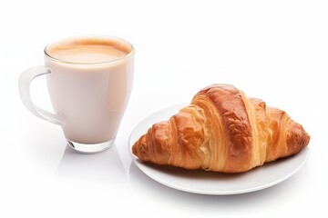 Fresh croissant and cup of cappuccino on white background