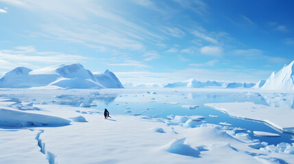 Fototapeta na wymiar A lone penguin standing on a vast icy landscape in Antarctica.