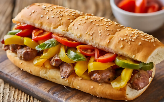 Capture the essence of Sausage, Peppers and Onions on a Hoagie in a mouthwatering food photography shot  Generative AI