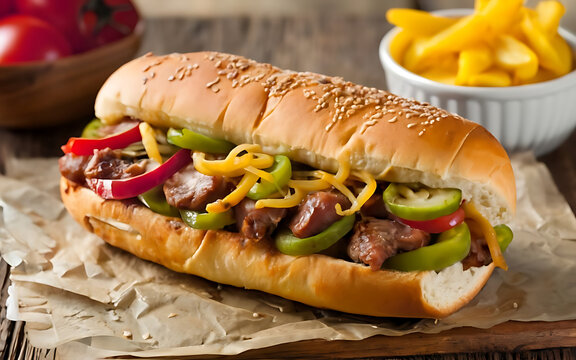 Capture the essence of Sausage, Peppers and Onions on a Hoagie in a mouthwatering food photography shot  Generative AI
