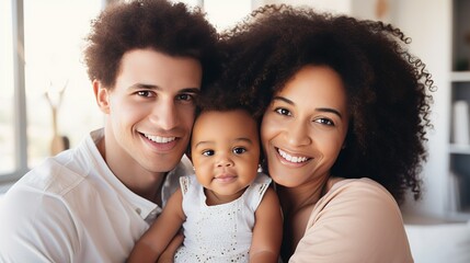 Portrait of happy multiracial young family with little daughter look at camera posing, smiling multiethnic parents cuddle hug with small kids girls, enjoy. AI - obrazy, fototapety, plakaty