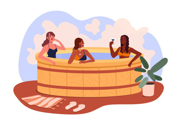Girls in jacuzzi concept. Rest and relax. Women in swimsuits with drinks inside bath or swimming pool. People in sauna. Cartoon flat vector illustration isolated on white background