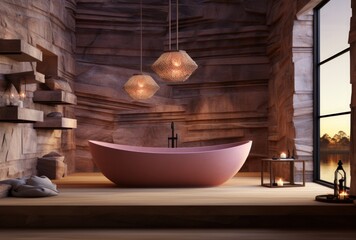 Luxurious and Relaxing Bathroom with Pink Bathtub and Wooden Platform