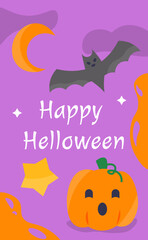 Halloween banner concept. Orange pumpkin and black bat near star and crescent. Traditional international holiday of fear and horror. Graphic element for website. Cartoon flat vector illustration