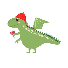 Symbol of New Year 2024. Happy lunar new year greeting card. Zodiac cartoon character. Funny dragon with wine glass. Sequin elements. Cute illustration for the poster, card, print, textile.