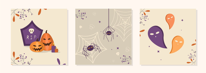 Happy halloween posters set. Scariest pumpkins, spider at web and ghosts. Fantasy, imagination and dream. Holiday of fear and horror. Cartoon flat vector collection isolated on white background