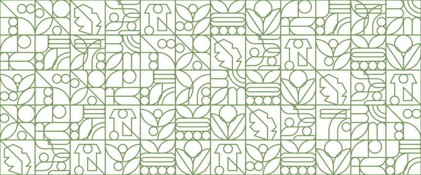 Geometric eco green outline mosaic pattern. Abstract food fruit plant simple shapes, minimal natural agriculture banner. Vector design