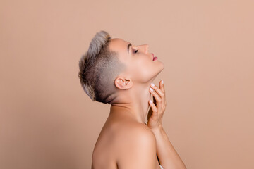 Profile side photo of joyful girl touch neck enjoy silky body after rejuvenation lotion gel isolated pastel color background