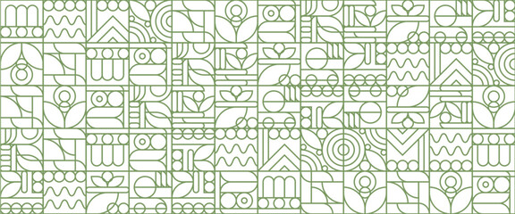 Green and white outline geometric mosaic seamless pattern illustration with creative nature shapes banner. Fresh organic background. Minimalist environment shape texture, geometry collage.