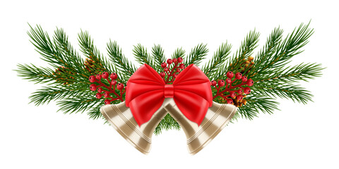 Christmas tree branches with rowan berries and two golden bells with a red bow. New year holiday decoration element - spruce tree with ribbons bow, Isolated on white background. Realistic 3d vector