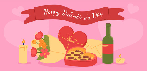 Happy valentines day postcard. Bottle with alcoholic drink, bouquets of flowers and candies in heart box. Romance and love. 14 february holiday and festival. Cartoon flat vector illustration