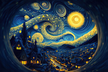 Starry night on the town with blue and yellow spirals in the sky, round frame, fantasy landscape in the style of impressionism, Generative AI