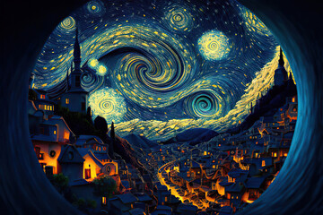 Starry night on the town with spirals in the sky, fantasy landscape, round frame, illustration in the style of impressionism, Generative AI