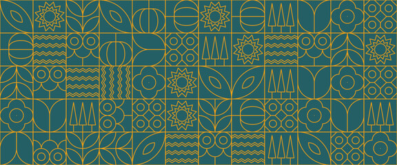 Green and yellow vector flat design nature outline geometric mosaic banners