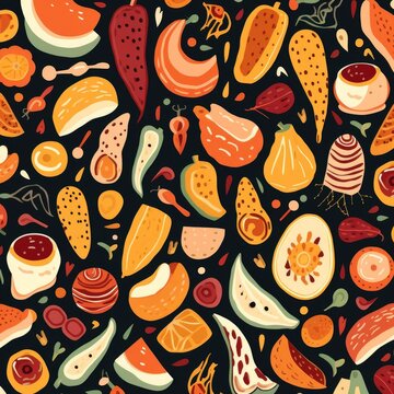 seamless pattern with vegetables and fruits with dark background © Kamran