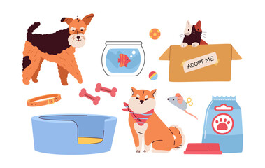 Items for animals set. Food for dogs and cats. Domestic animals and pets with bones toys and collars. Red ball and mouse. Cartoon flat vector collection isolated on white background