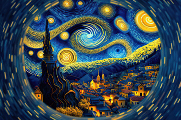 Starry night on the town with blue and yellow swirls in the sky, fantasy scene, round frame, illustration in the style of impressionism, Generative AI