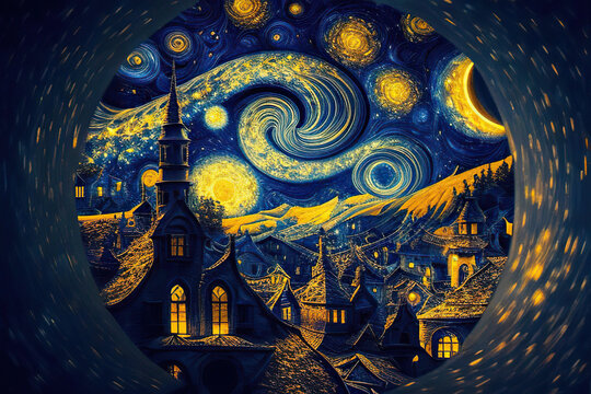Starry night on the town with blue and yellow swirls in the sky, round frame, illustration in the style of impressionism, Generative AI