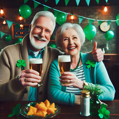 Happy senior couple with glasses of beer celebrating St. Patrick's Day.