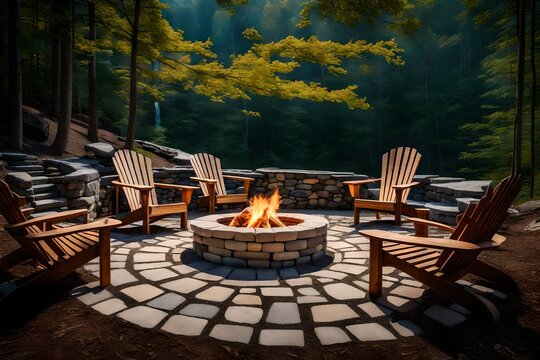 In the highlands, a stone fire pit with Adirondack chairs surrounding it