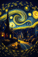 Starry night on the small town with blue and yellow spirals in the sky, round frame, fantasy landscape in the style of impressionism, vertical, Generative AI