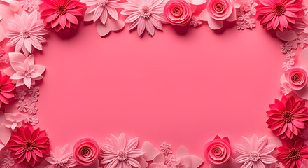 Banner with pink flowers with copy space on the center. Design for Valentine's and Mother's day. Above view.