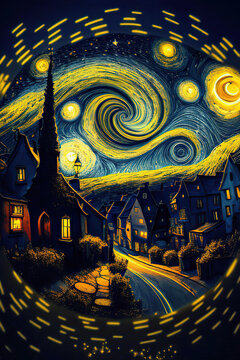 Starry night on the small town with blue and yellow spirals in the sky, round frame, fantasy landscape in the style of impressionism, vertical, Generative AI