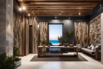 The contemporary entry hall's seaside interior design includes a stone tile wall and rustic timber accents