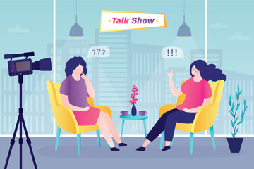 Female host asks famous celebrity on TV show. Popular woman-star gives interview to television presenter in broadcast studio. Internet interview, online channel concept.