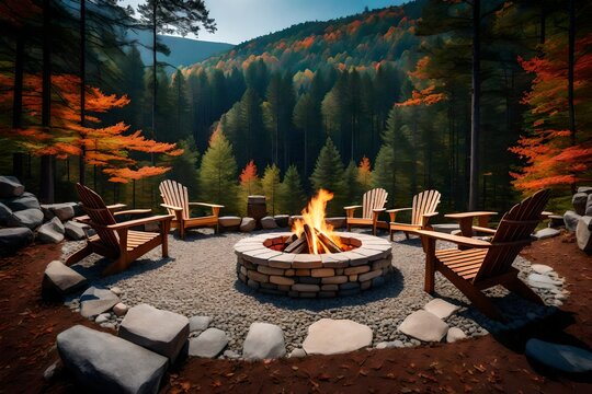 Stone fire pit with Adirondack chairs surrounding it in the mountains