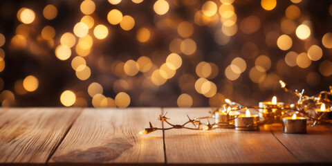 Wooden table with abstract warm living room decor with christmas tree string light blur background
