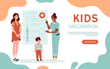 Kids vaccination poster. Women with boy. Certificate for child. Health care and treatment. Prevention and protection from illness. Landing page design. Cartoon flat vector illustration