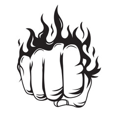 Hand drawn black and white fiery fist illustration