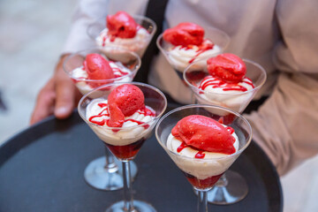 dessert, food, cream, fruit, strawberry, sweet, glass, berry, yogurt, fresh, ice, raspberry, red, delicious, white, bowl, cold, ice cream, breakfast, healthy, sundae, frozen, diet, isolated, icecream