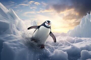 A penguin sliding on the ice - obrazy, fototapety, plakaty