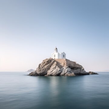 A minimal long exposure Photography of a white and blue church on a rock in the middle of the sea on a Greek island
