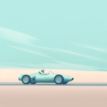 A person driving a race car near a white sky, in the style of light aquamarine and sky-blue, agnes martin, animated gifs, jean-joseph benjamin-constant, ethereal minimalism, panoramic scale, minimalis