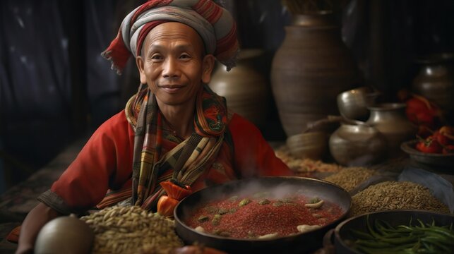Creat a hyper realistic 4k picture of the stereotypical Thai person wearing a pha nung with spices