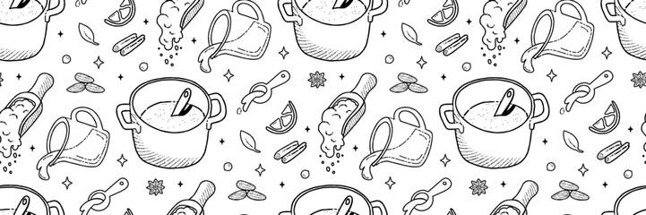 Kitchenware and Cook ingredients line Pattern. Food icons and elements. Pattern for background.