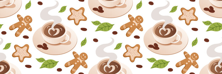 Cup of coffee and cookies Seamless Pattern. Cozy winter coffee parties. Christmas Background.