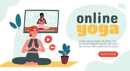 Online yoga vector. Woman sitting in lotus position near laptop. Active lifestyle and sports. Training inddor. Sportive guide for users. Landing page design. Cartoon flat vector illustration