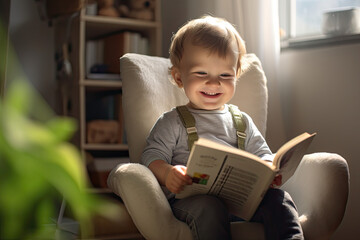 Adorable 18 months baby boy sitting on baby chair and reading book at home - obrazy, fototapety, plakaty