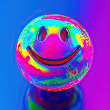 90's computer graphics holographic photography of plastic smiley acid psychedelic fluo colors